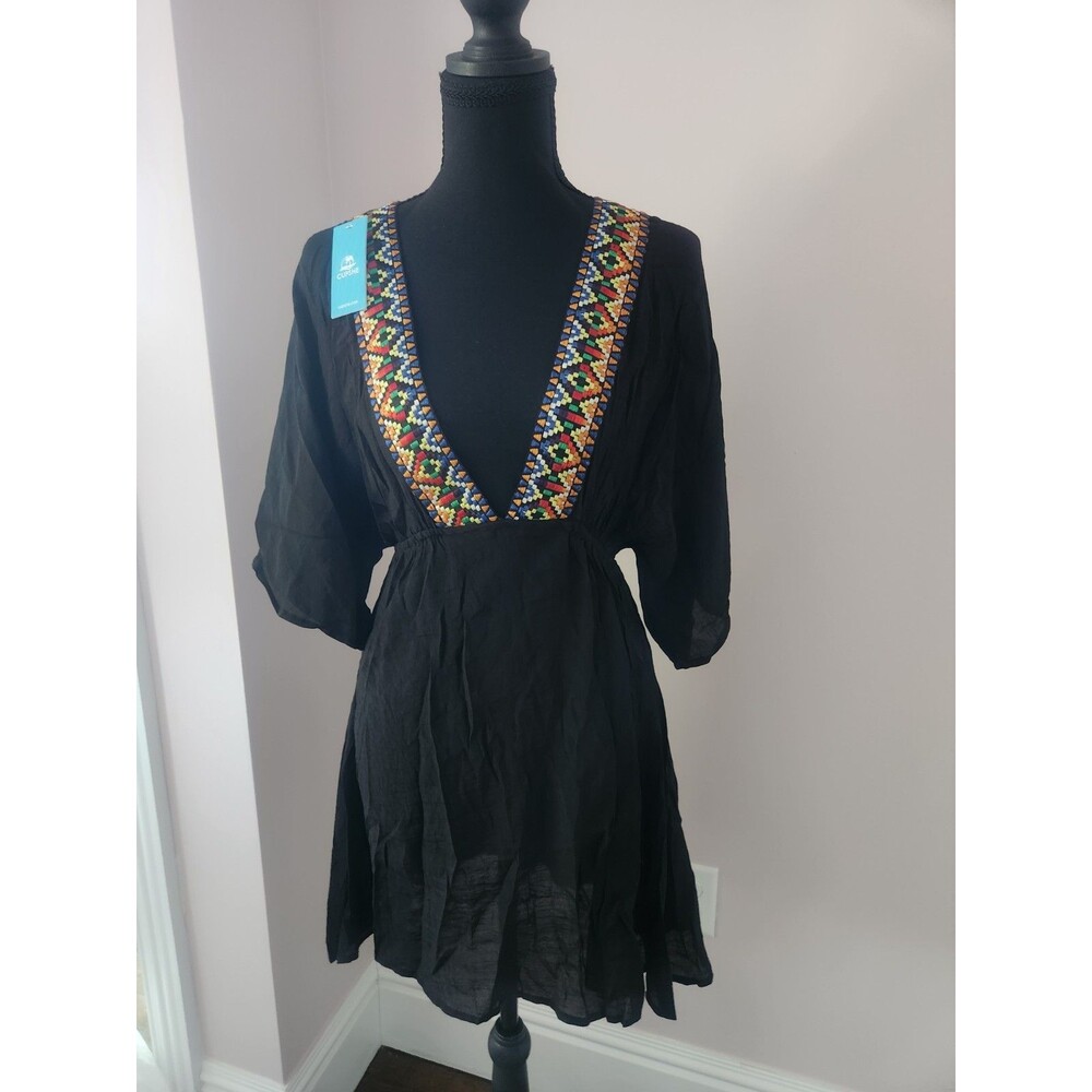 Cupshe V Neck Embroidered Cover Up Dress Black Boho Smocked Waist NWT Size S - Picture 11 of 11